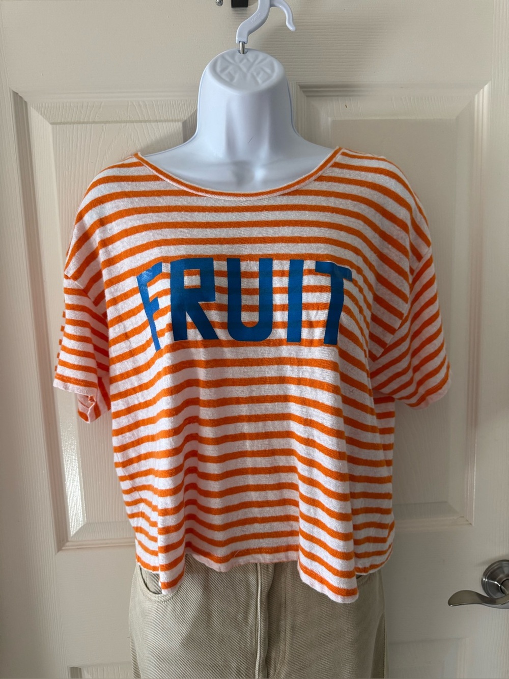 MOTHER The Rowdy Crop "FRUIT" Striped Tee – Orange & White – Size Small (EUC)